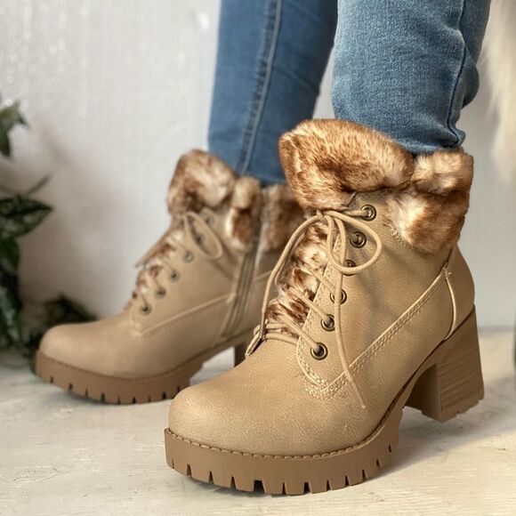 Hiking Beige Faux Suede Combat Booties - Picture 4 of 8